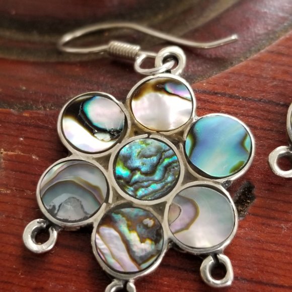 Abalone Shell Dangle Earrings Floral Shaped 925 Silver 1" - Picture 5 of 9